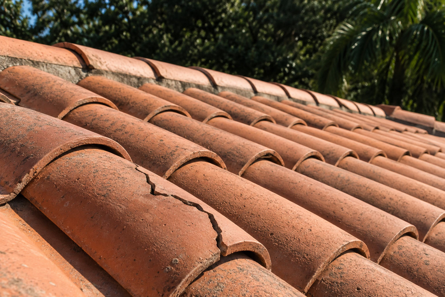 Illustration of a cracked terracotta roof tile among overlapping tile rows